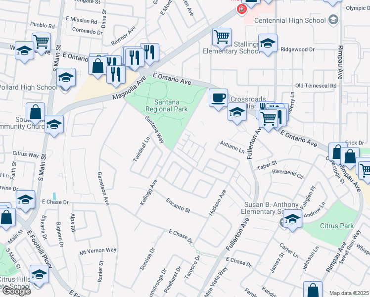 map of restaurants, bars, coffee shops, grocery stores, and more near 2433 Via Alicante in Corona