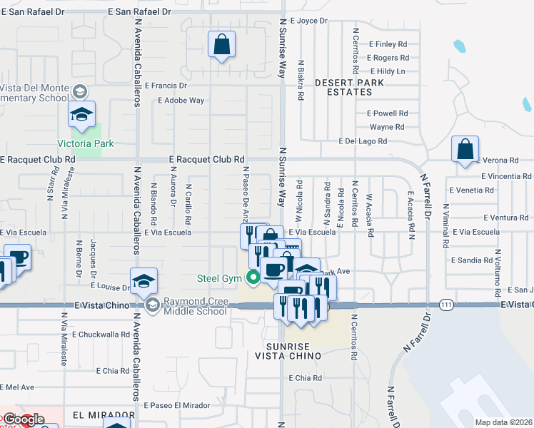 map of restaurants, bars, coffee shops, grocery stores, and more near 1602 Olga Way in Palm Springs
