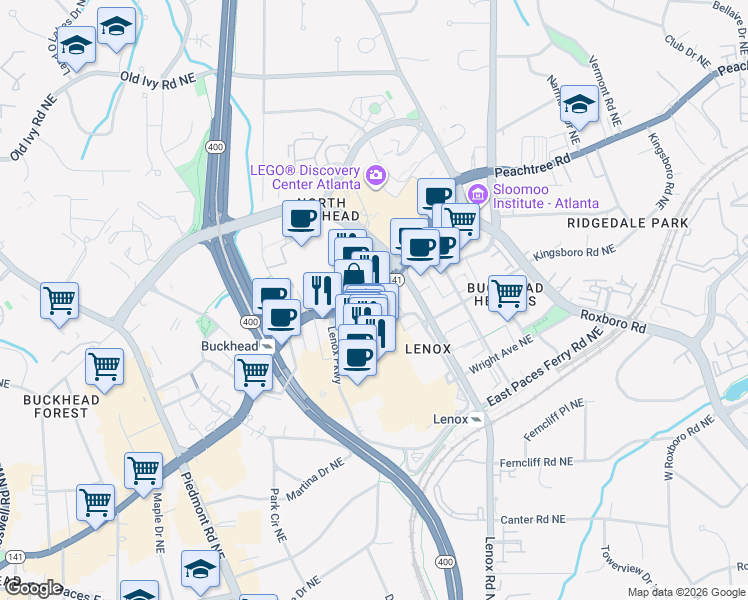map of restaurants, bars, coffee shops, grocery stores, and more near 3399 Peachtree Road in Atlanta