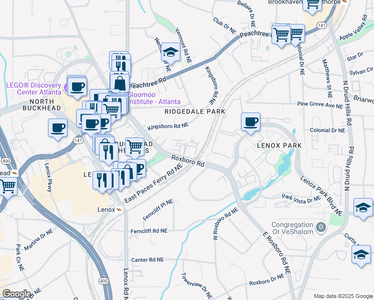 map of restaurants, bars, coffee shops, grocery stores, and more near 3637 Roxboro Road Northeast in Atlanta