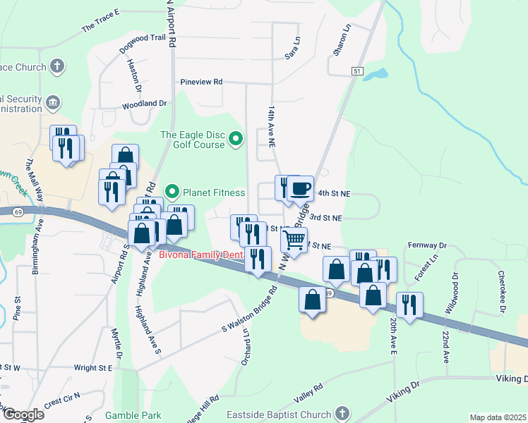 map of restaurants, bars, coffee shops, grocery stores, and more near 366 Golden Eagle Circle in Jasper