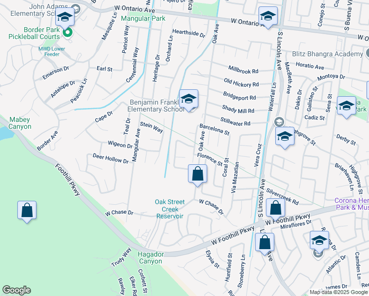 map of restaurants, bars, coffee shops, grocery stores, and more near 1354 Williamsburg Lane in Corona