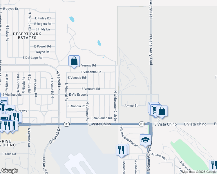 map of restaurants, bars, coffee shops, grocery stores, and more near 3133 East Ventura Road in Palm Springs