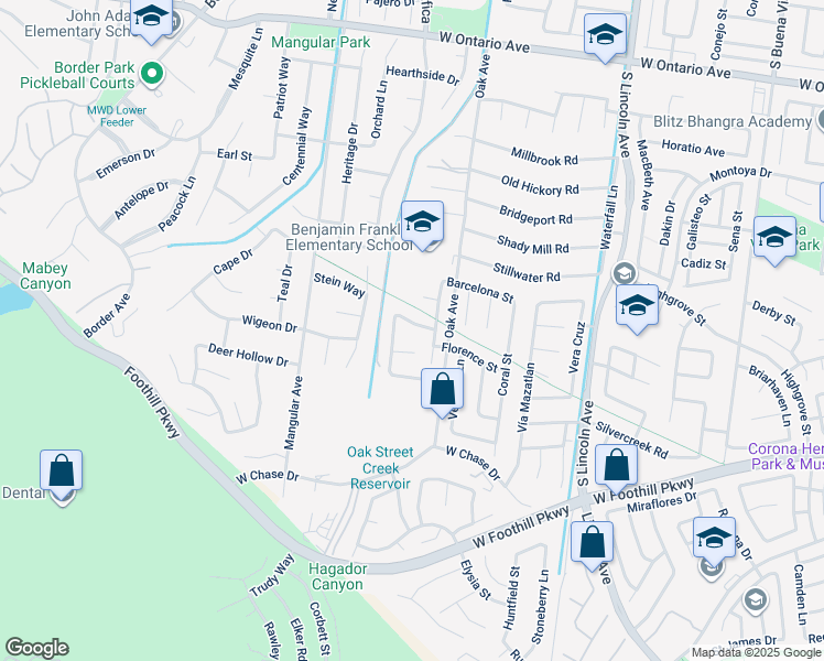 map of restaurants, bars, coffee shops, grocery stores, and more near 1354 Williamsburg Lane in Corona