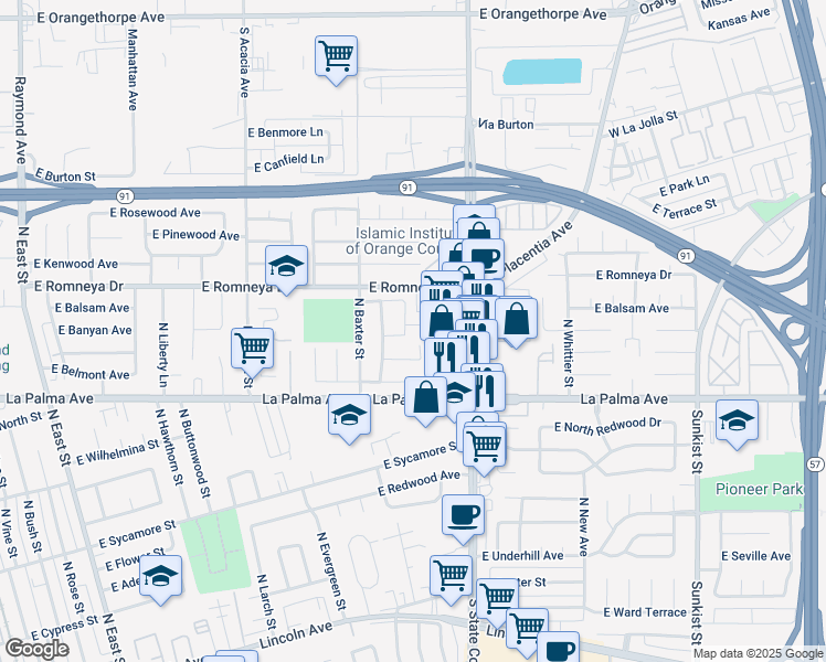 map of restaurants, bars, coffee shops, grocery stores, and more near 1120 North Roxboro Street in Anaheim