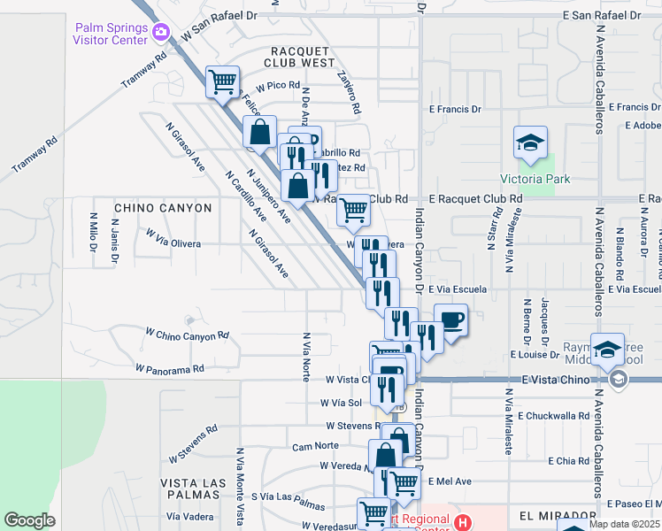 map of restaurants, bars, coffee shops, grocery stores, and more near 2160 North Junipero Avenue in Palm Springs