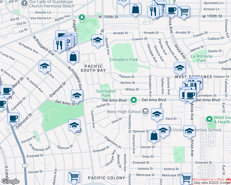 map of restaurants, bars, coffee shops, grocery stores, and more near 20108 Wayne Avenue in Torrance