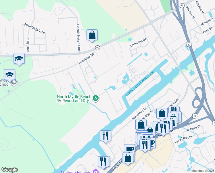 map of restaurants, bars, coffee shops, grocery stores, and more near 271 Old Crane Road in Little River