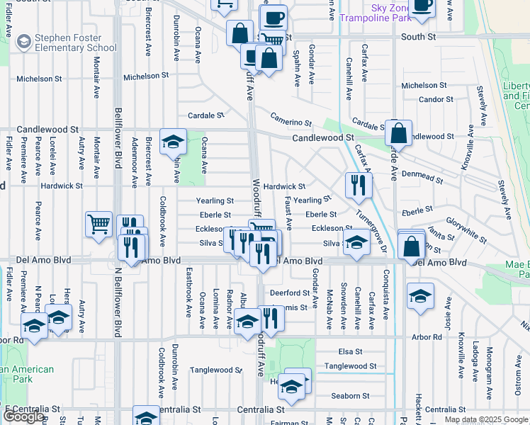 map of restaurants, bars, coffee shops, grocery stores, and more near 5002 Woodruff Avenue in Lakewood