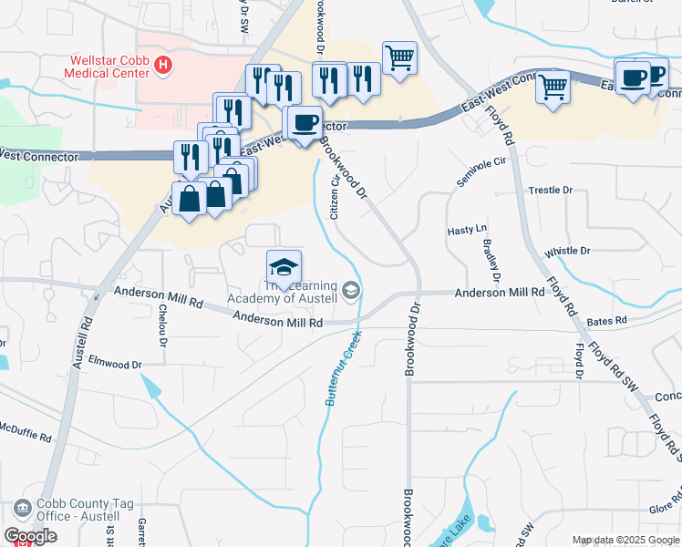 map of restaurants, bars, coffee shops, grocery stores, and more near 4370 Tradition Terrace in Austell