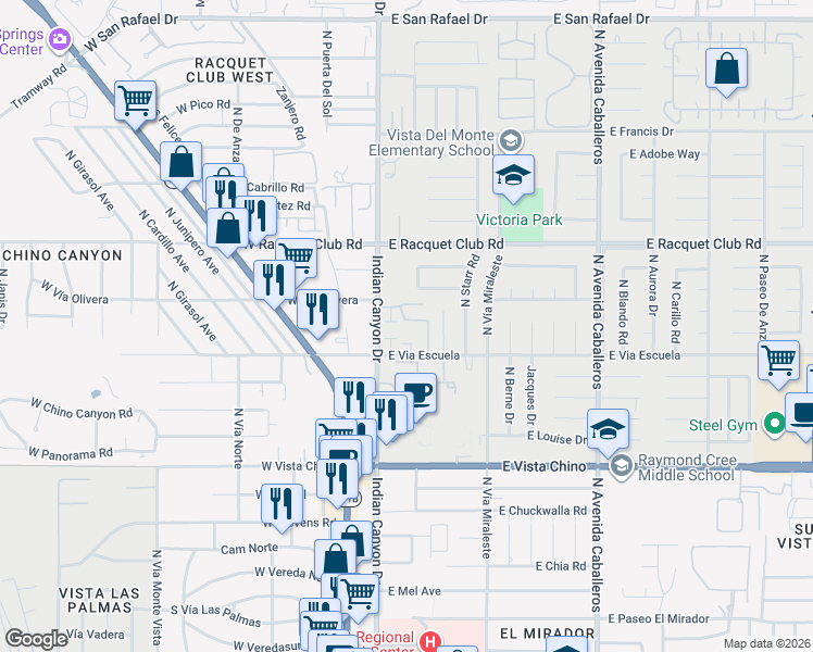 map of restaurants, bars, coffee shops, grocery stores, and more near 250 East Via Escuela in Palm Springs