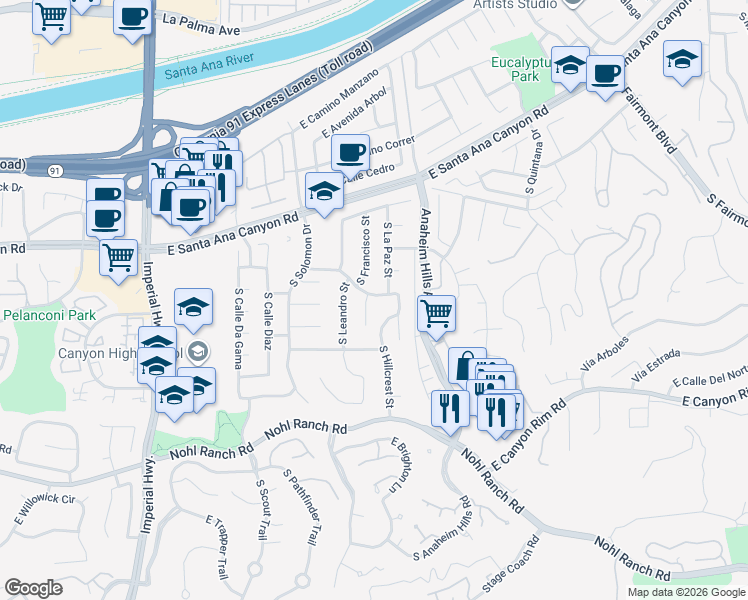 map of restaurants, bars, coffee shops, grocery stores, and more near 210 South Francisco Place in Anaheim