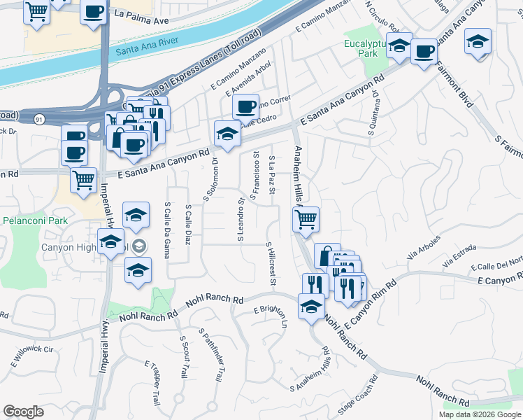 map of restaurants, bars, coffee shops, grocery stores, and more near 210 South Francisco Place in Anaheim