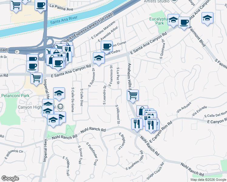 map of restaurants, bars, coffee shops, grocery stores, and more near 210 South Francisco Place in Anaheim