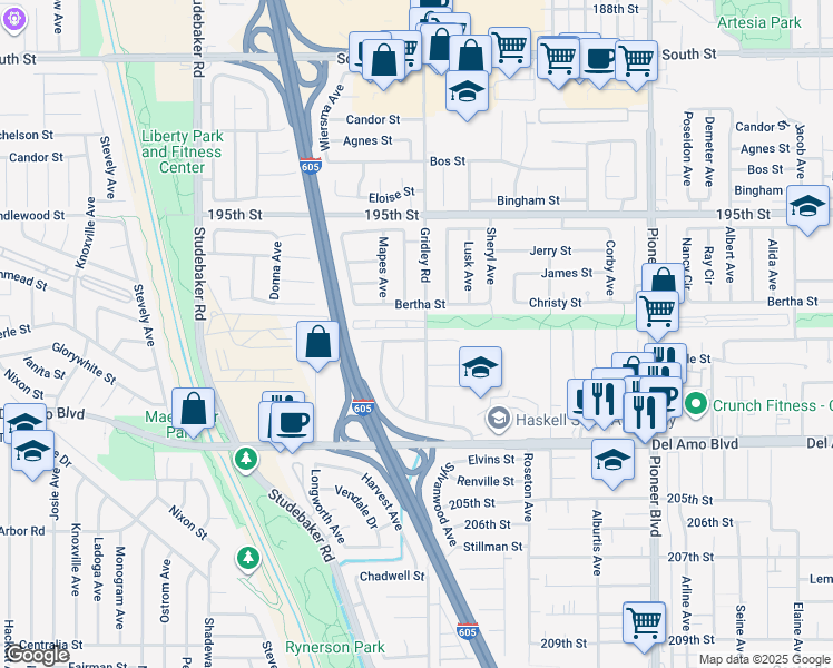 map of restaurants, bars, coffee shops, grocery stores, and more near 19922 Gridley Road in Cerritos