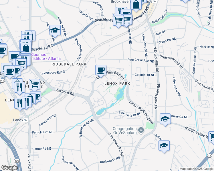 map of restaurants, bars, coffee shops, grocery stores, and more near 1055 Lenox Park Boulevard Northeast in Atlanta