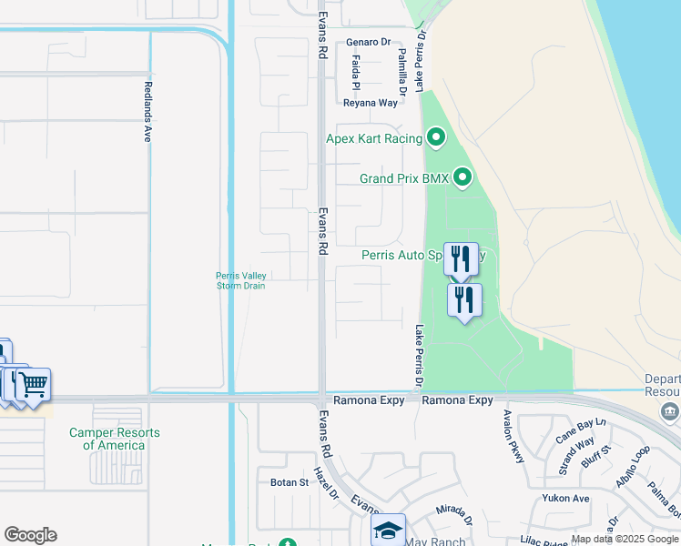 map of restaurants, bars, coffee shops, grocery stores, and more near 860 Wedge Street in Perris