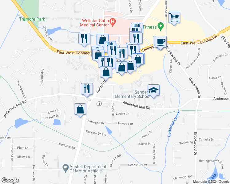 map of restaurants, bars, coffee shops, grocery stores, and more near 4273 White Way Drive in Austell
