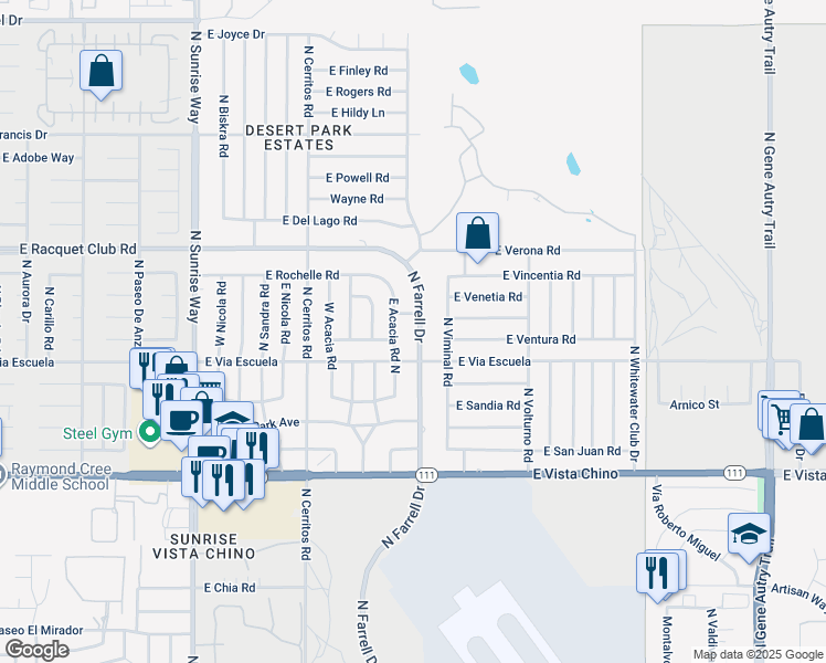 map of restaurants, bars, coffee shops, grocery stores, and more near 2140 Acacia Road East in Palm Springs