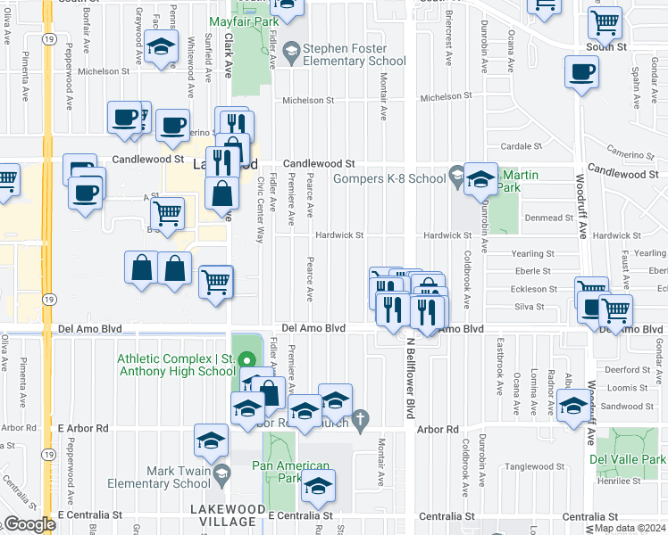 map of restaurants, bars, coffee shops, grocery stores, and more near 5016 Lorelei Avenue in Lakewood
