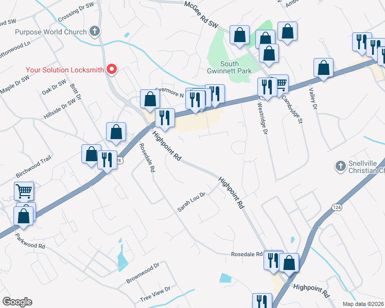 map of restaurants, bars, coffee shops, grocery stores, and more near 3164 Sloping Terrace in Snellville