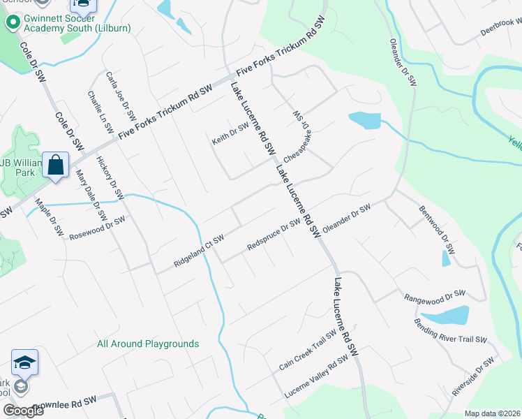 map of restaurants, bars, coffee shops, grocery stores, and more near 1522 Ridgeland Court Southwest in Lilburn