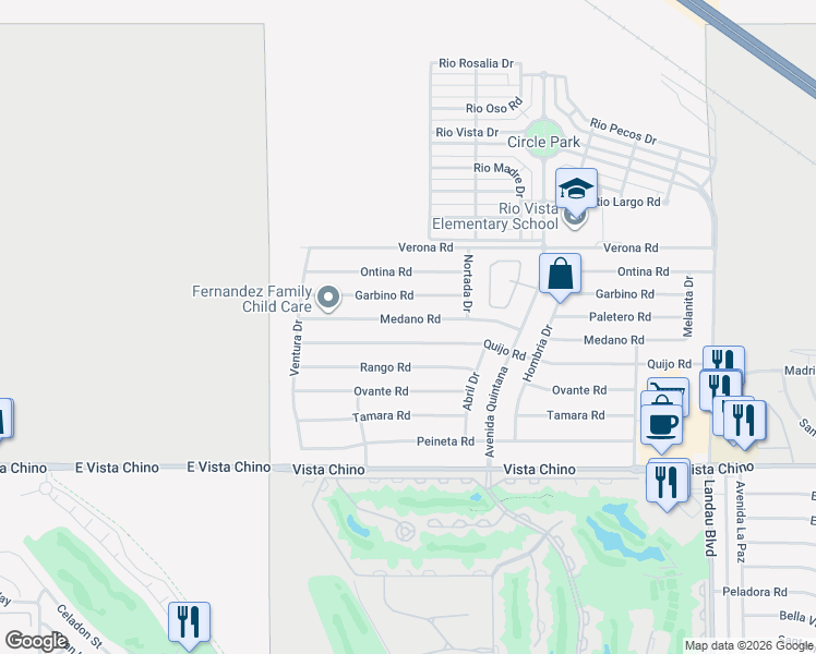 map of restaurants, bars, coffee shops, grocery stores, and more near 67270 Quijo Road in Cathedral City