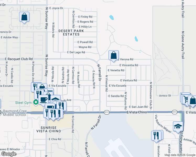 map of restaurants, bars, coffee shops, grocery stores, and more near 2140 Acacia Road East in Palm Springs