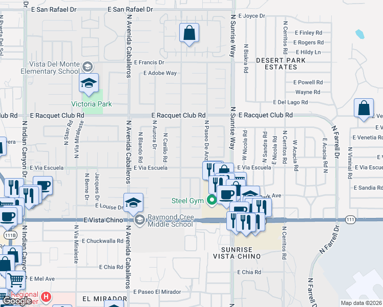map of restaurants, bars, coffee shops, grocery stores, and more near 1411 Olga Way in Palm Springs