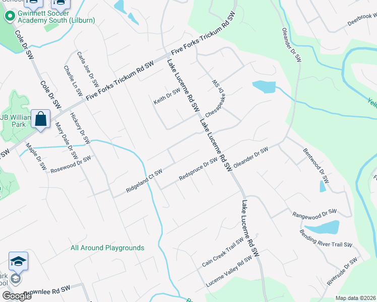 map of restaurants, bars, coffee shops, grocery stores, and more near 1522 Ridgeland Court Southwest in Lilburn