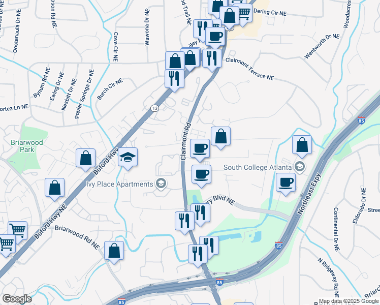 map of restaurants, bars, coffee shops, grocery stores, and more near 3097 Clairmont Road in Atlanta