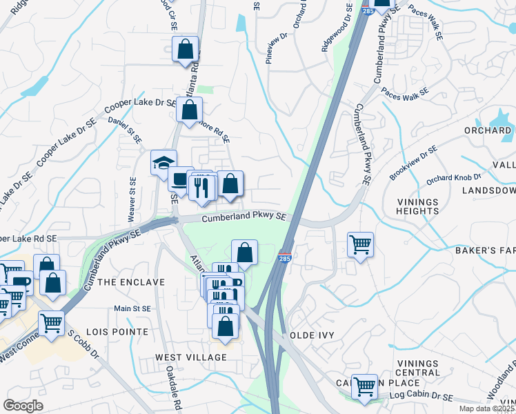 map of restaurants, bars, coffee shops, grocery stores, and more near 2310 Norbury Cove Southeast in Smyrna