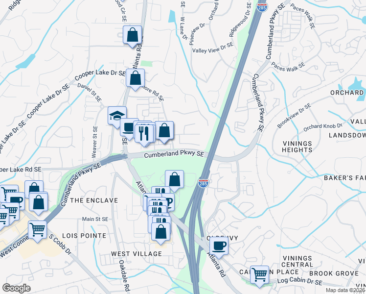 map of restaurants, bars, coffee shops, grocery stores, and more near 2310 Norbury Cove Southeast in Smyrna