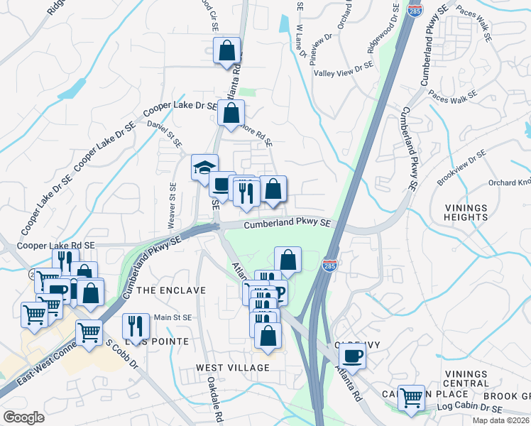 map of restaurants, bars, coffee shops, grocery stores, and more near 1675 Cumberland Parkway Southeast in Smyrna