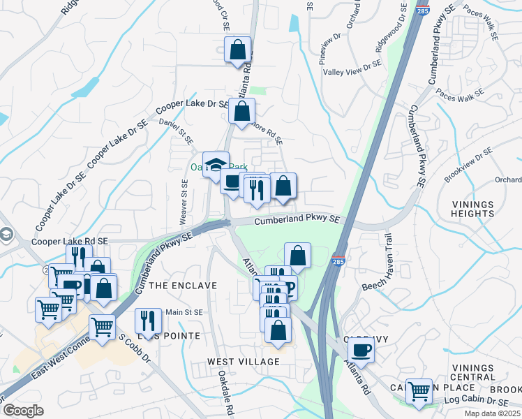map of restaurants, bars, coffee shops, grocery stores, and more near 1675 Cumberland Parkway Southeast in Smyrna