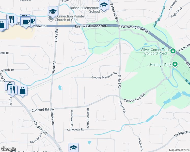map of restaurants, bars, coffee shops, grocery stores, and more near 621 Gregory Manor Drive Southwest in Smyrna