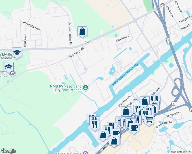 map of restaurants, bars, coffee shops, grocery stores, and more near 271 Old Crane Road in Little River