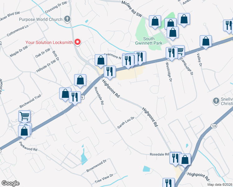 map of restaurants, bars, coffee shops, grocery stores, and more near 2215 Highpoint Road in Snellville