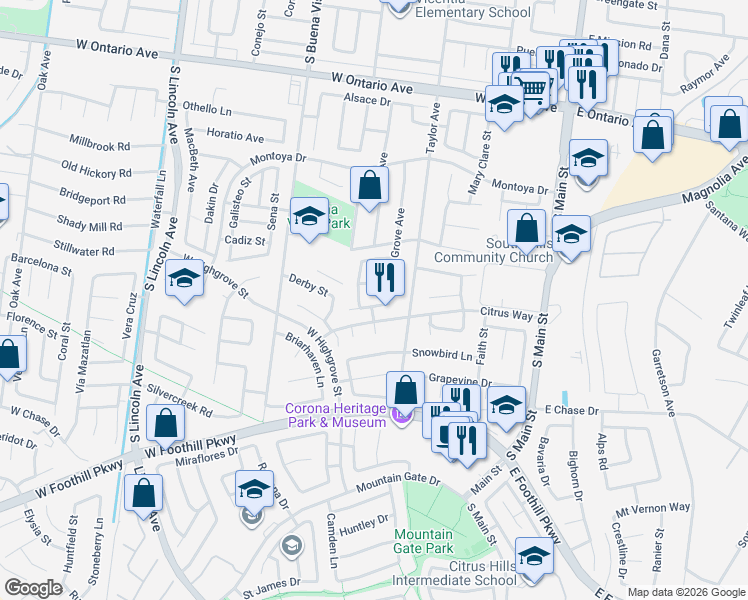 map of restaurants, bars, coffee shops, grocery stores, and more near 671 Country Rose Lane in Corona