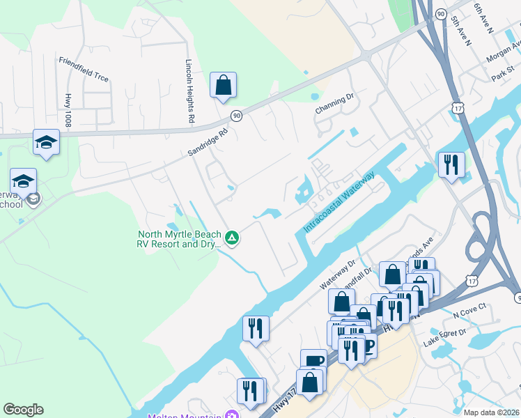 map of restaurants, bars, coffee shops, grocery stores, and more near 271 Old Crane Road in Little River