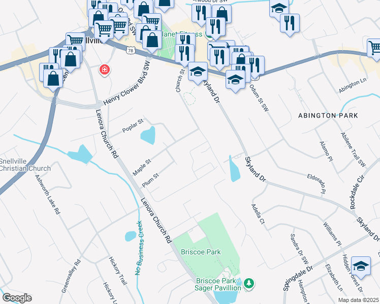 map of restaurants, bars, coffee shops, grocery stores, and more near 2625 Beal Street in Snellville