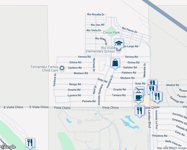 map of restaurants, bars, coffee shops, grocery stores, and more near 67425 Medano Road in Cathedral City