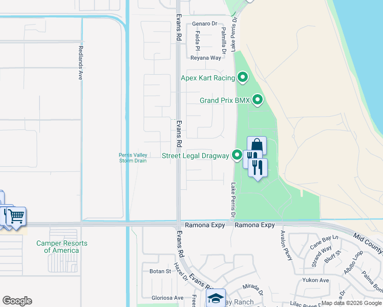 map of restaurants, bars, coffee shops, grocery stores, and more near 819 Wedge Street in Perris