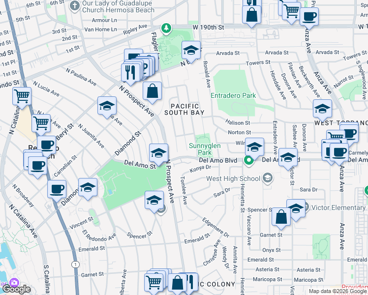 map of restaurants, bars, coffee shops, grocery stores, and more near 20114 Mildred Avenue in Torrance