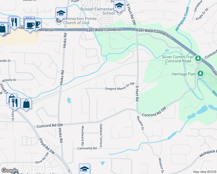 map of restaurants, bars, coffee shops, grocery stores, and more near 621 Gregory Manor Drive Southwest in Smyrna