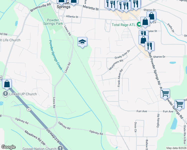 map of restaurants, bars, coffee shops, grocery stores, and more near 4190 Misty Morn Way in Powder Springs