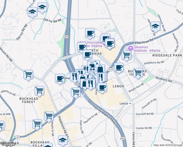 map of restaurants, bars, coffee shops, grocery stores, and more near 3384 Peachtree Road in Atlanta