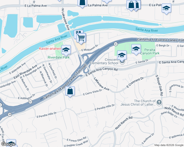 map of restaurants, bars, coffee shops, grocery stores, and more near 121 South Lakeview Avenue in Anaheim
