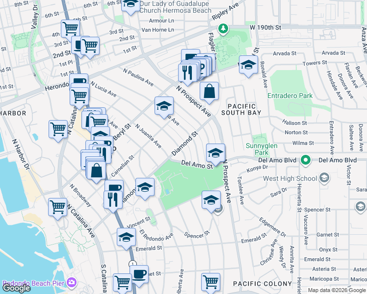 map of restaurants, bars, coffee shops, grocery stores, and more near 418 North Lucia Avenue in Redondo Beach