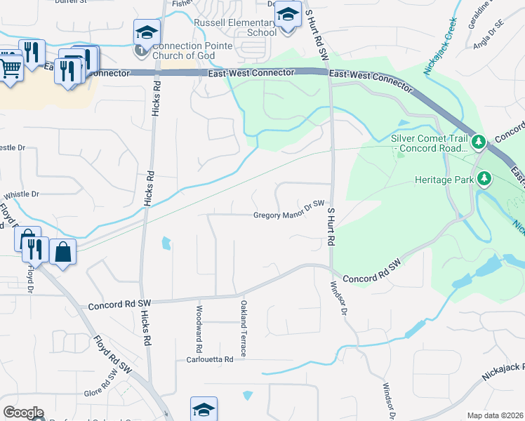 map of restaurants, bars, coffee shops, grocery stores, and more near 621 Gregory Manor Drive Southwest in Smyrna